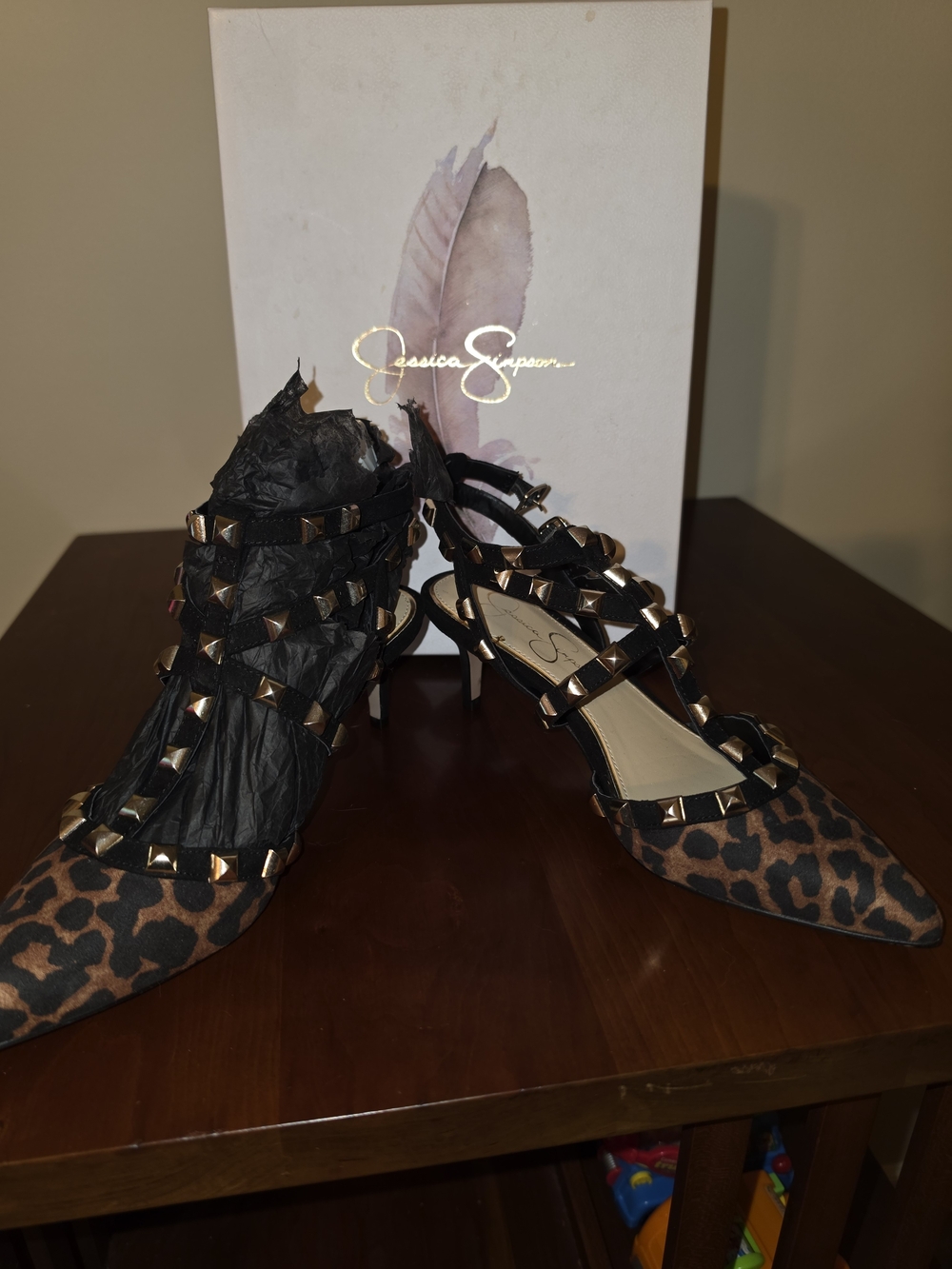 Jessica Simpson Studded Leopard Print Heels Black & Brown US 7